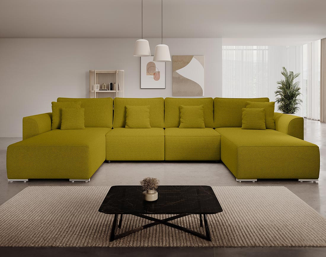 Canapé panoramique en U 7 places convertible avec coffre en tissu texturé Gabriel