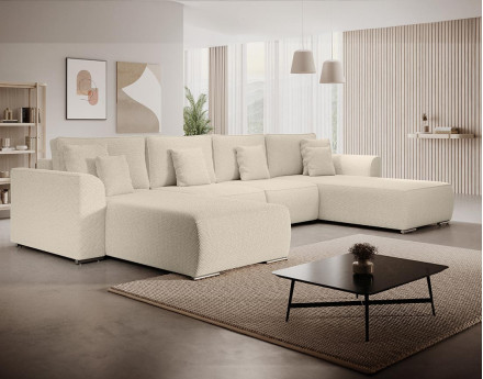 Canapé panoramique en U 7 places convertible avec coffre en tissu texturé Gabriel