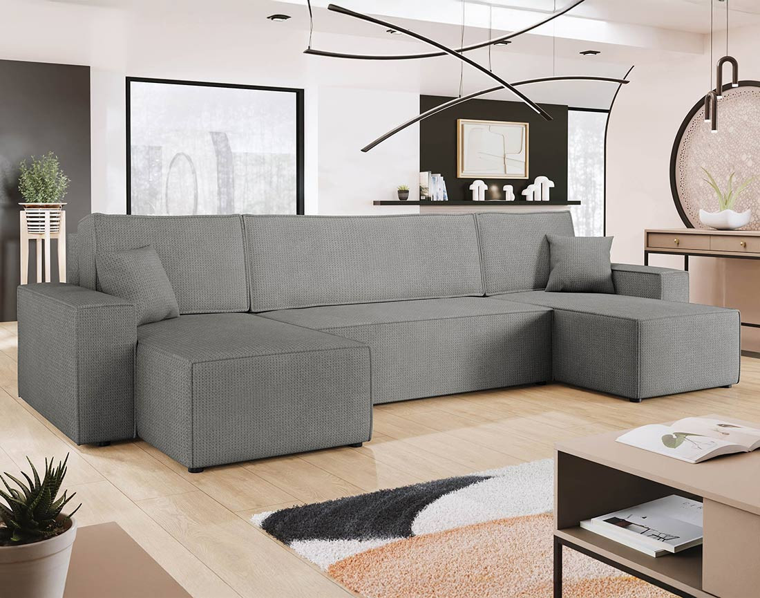 Canapé panoramique en U 7 places convertible avec coffre en tissu texturé Cezanne