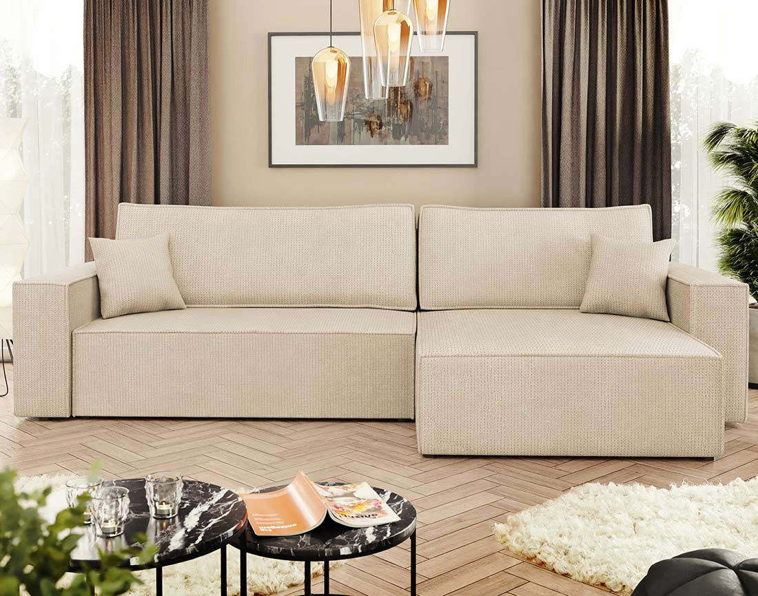 Canapé d'angle réversible 5 places convertible avec coffre en tissu texturé Cezanne