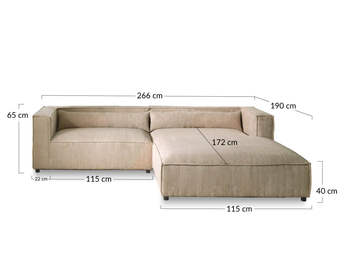 Ela - canapé d'angle droit 4 places en velours côtelé - style contemporain