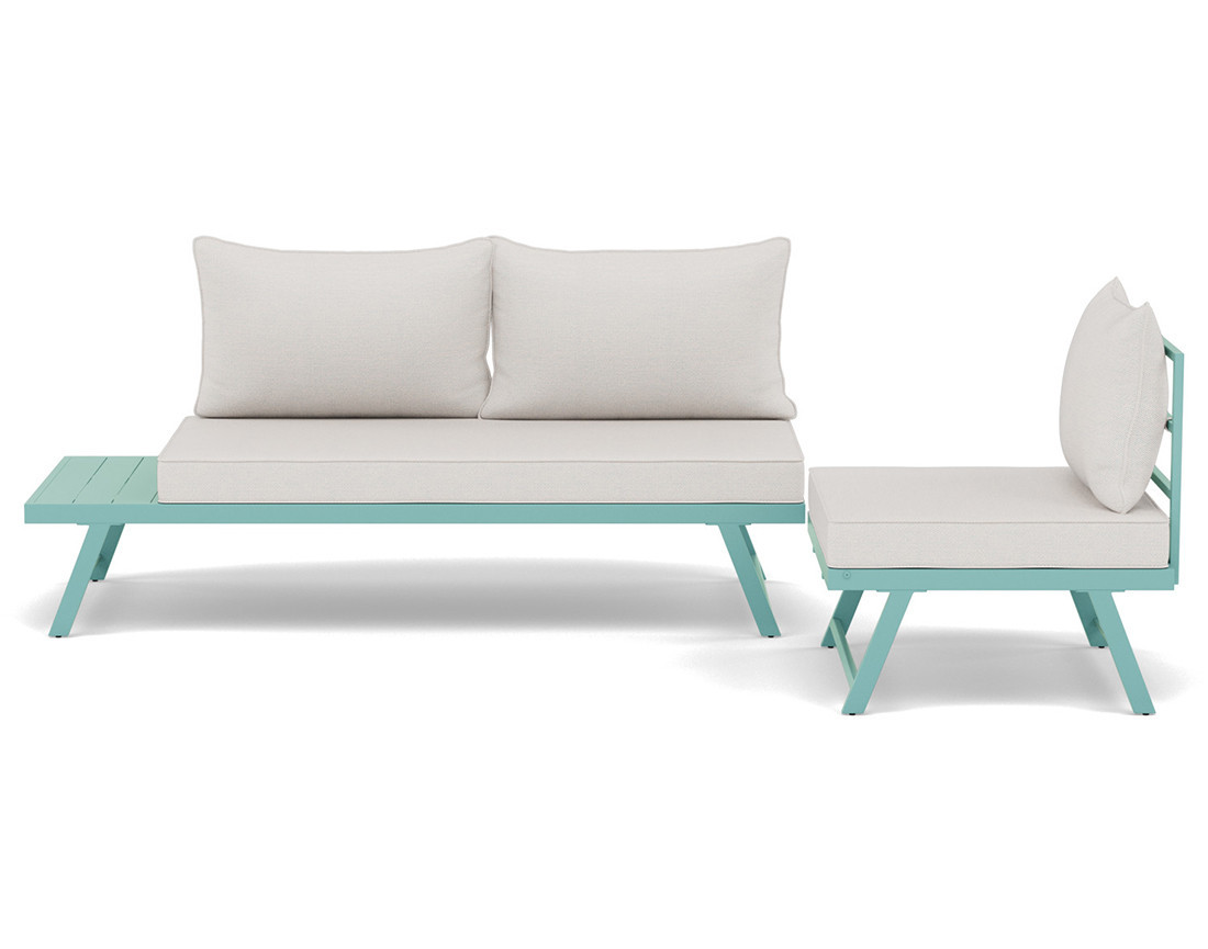 Salon de jardin 3 places modulable vert avec coussins beiges Isadora