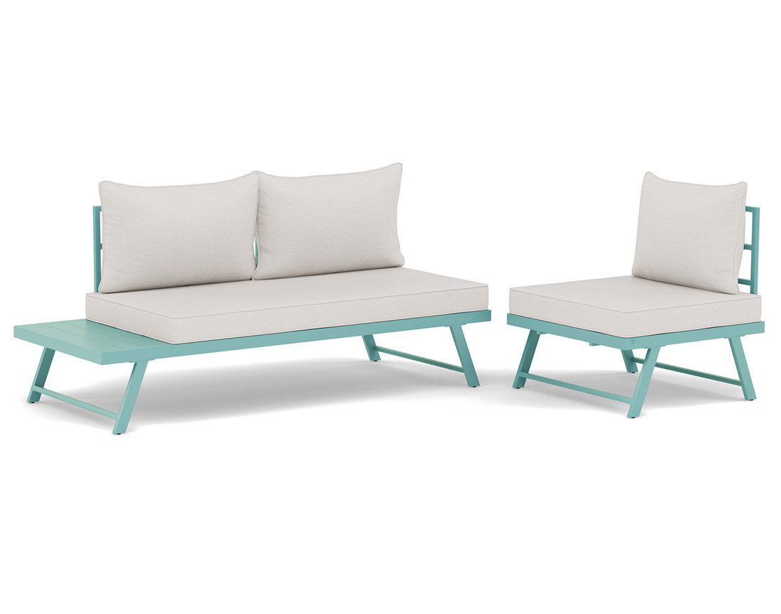 Salon de jardin 3 places modulable vert avec coussins beiges Isadora