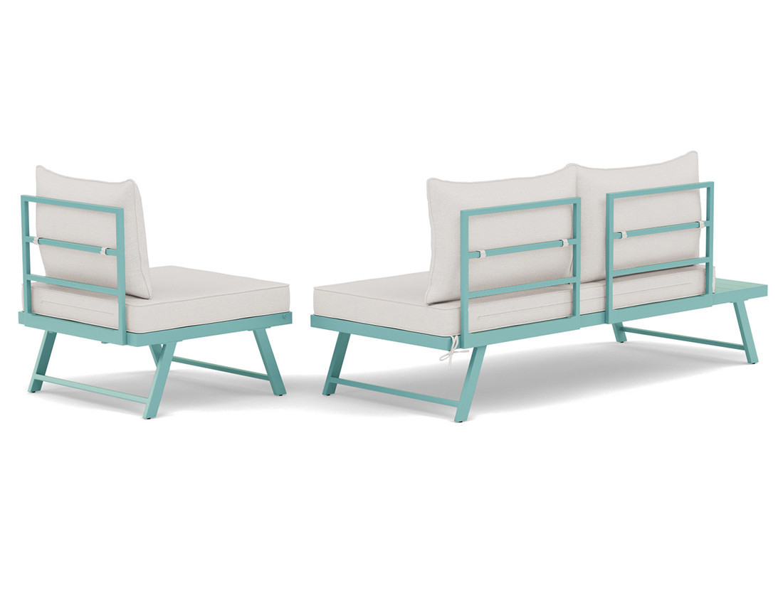 Salon de jardin 3 places modulable vert avec coussins beiges Isadora