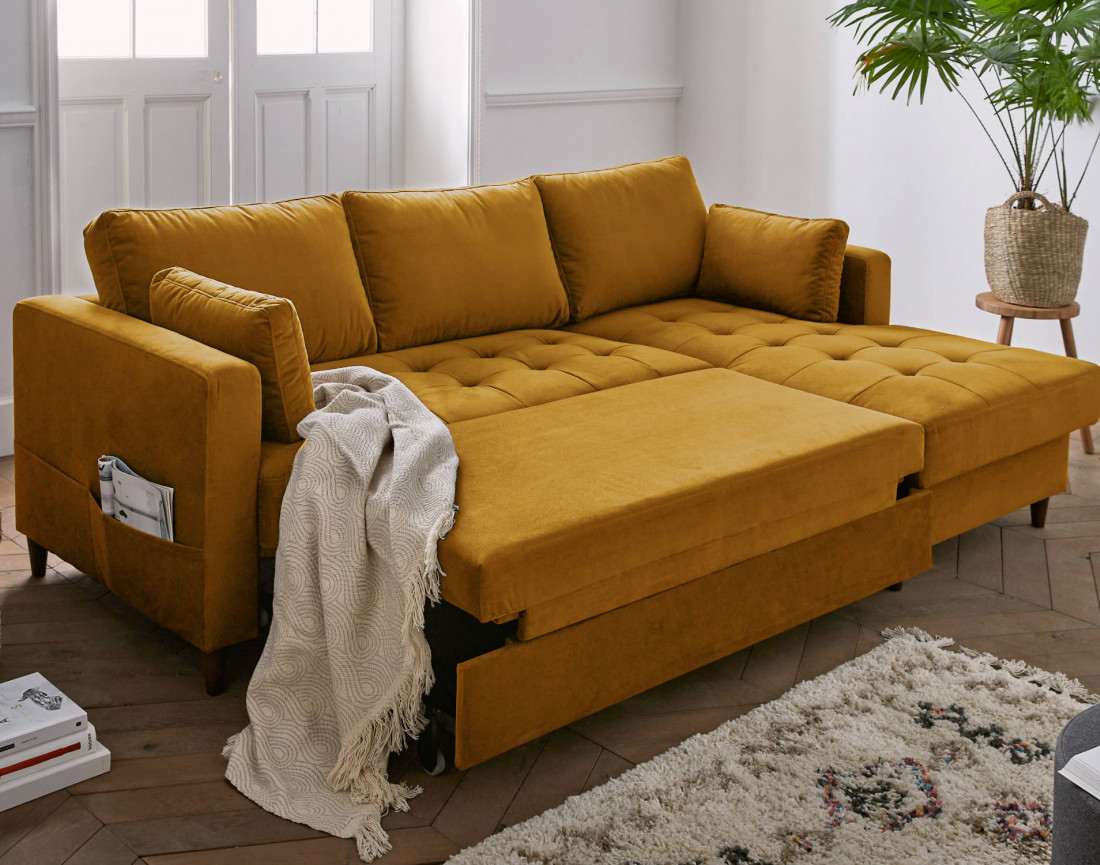 Canapé d'angle droit 4 places convertible avec coffre en velours Anna