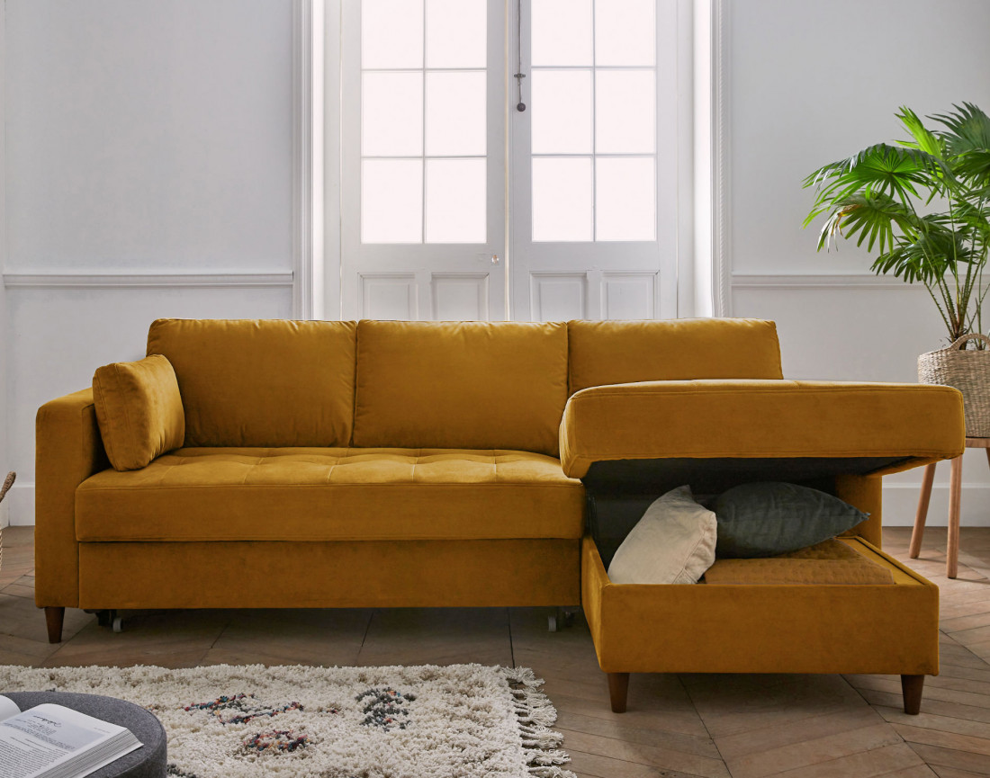 Canapé d'angle droit 4 places convertible avec coffre en velours Anna