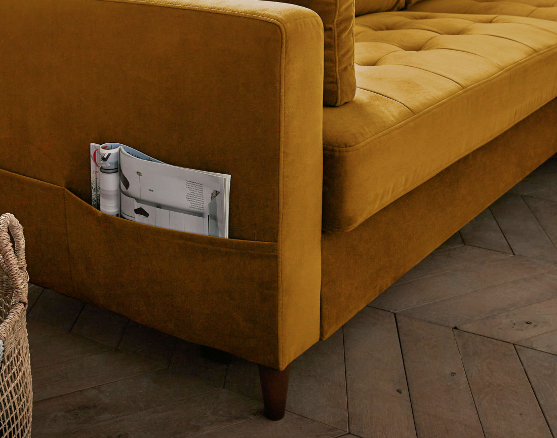 Canapé d'angle droit 4 places convertible avec coffre en velours Anna