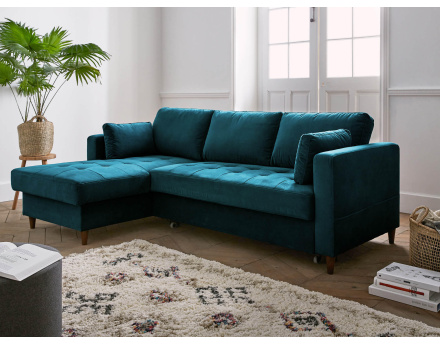 Canapé d'angle gauche 4 places convertible avec coffre en velours Anna