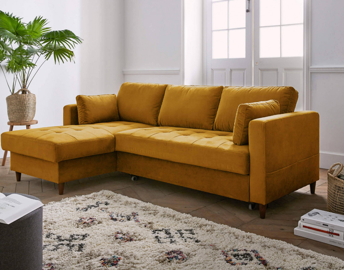 Canapé d'angle gauche 4 places convertible avec coffre en velours Anna