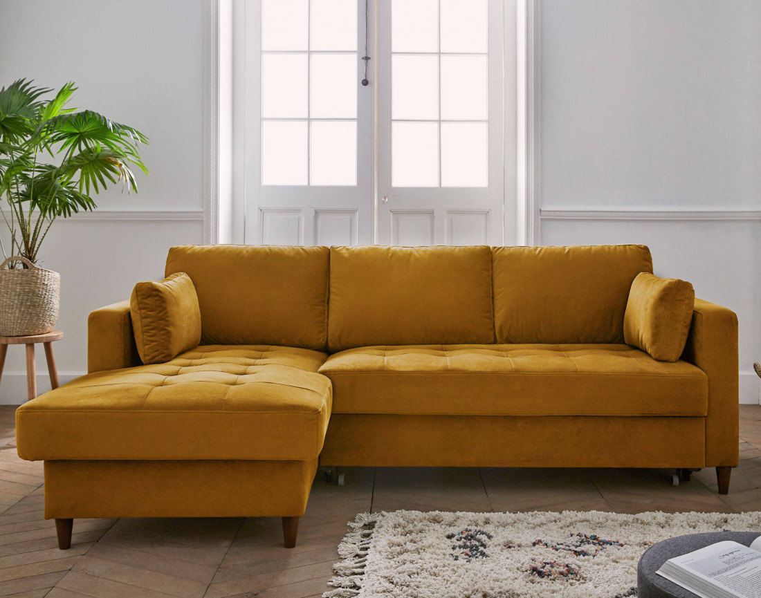 Canapé d'angle gauche 4 places convertible avec coffre en velours Anna