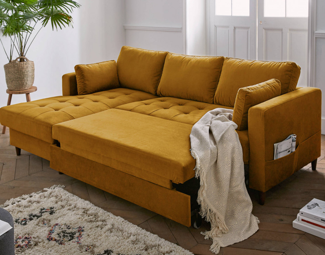 Canapé d'angle gauche 4 places convertible avec coffre en velours Anna