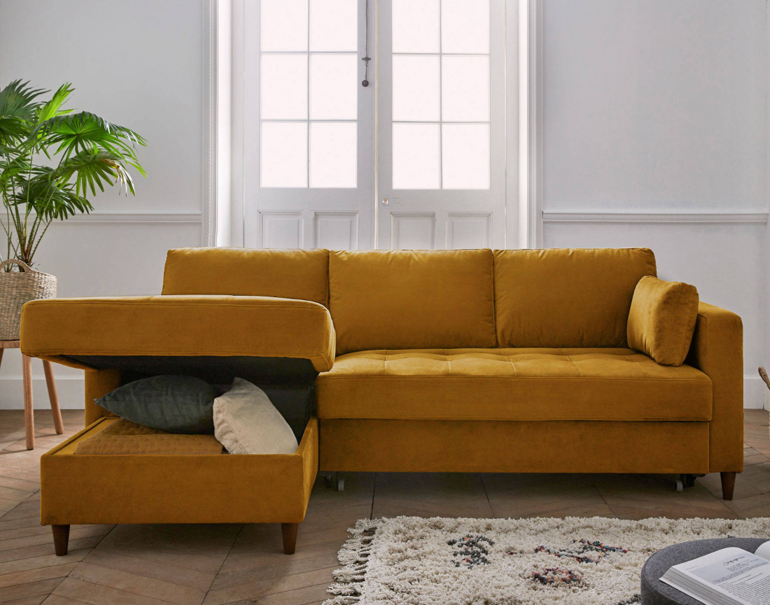 Canapé d'angle gauche 4 places convertible avec coffre en velours Anna