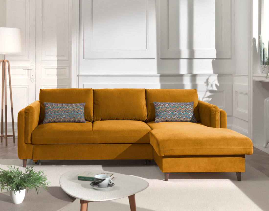 Canapé d'angle droit convertible avec coffre 4 places en velours Brooke