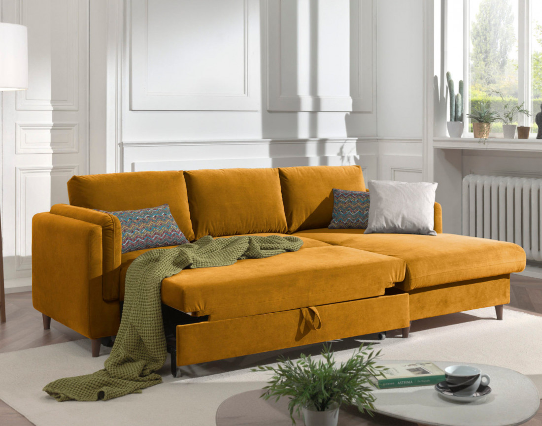 Canapé d'angle droit convertible avec coffre 4 places en velours Brooke