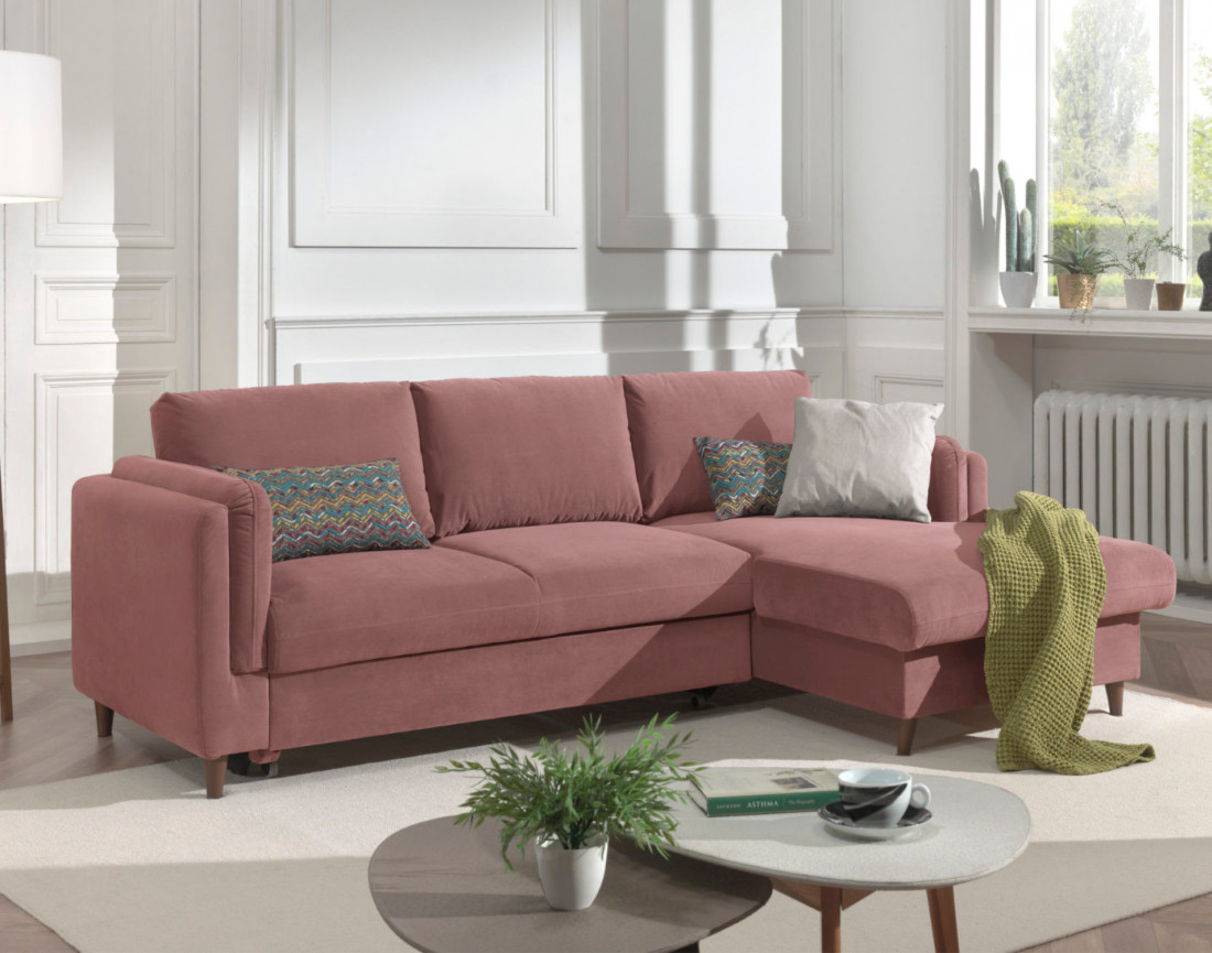 Canapé d'angle droit convertible avec coffre 4 places en velours Brooke