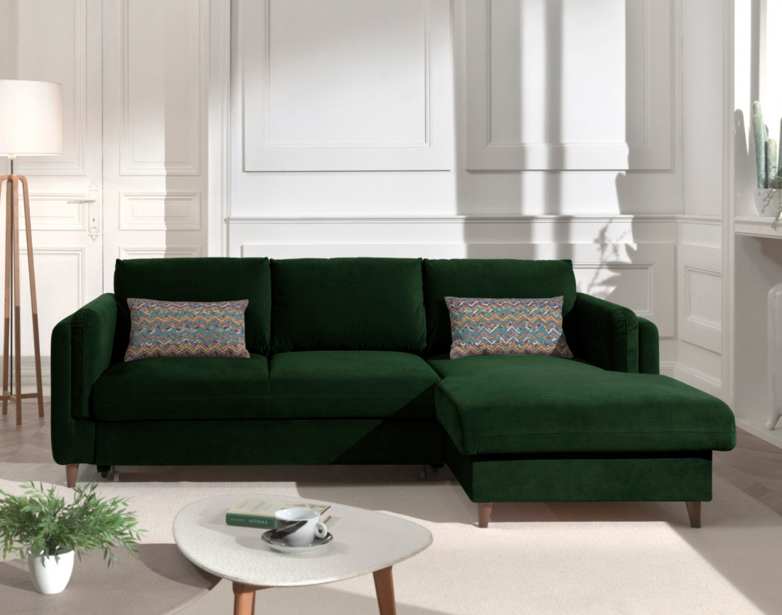 Canapé d'angle droit convertible avec coffre 4 places en velours Brooke