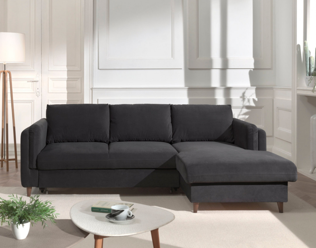 Canapé d'angle droit convertible avec coffre 4 places en velours Brooke