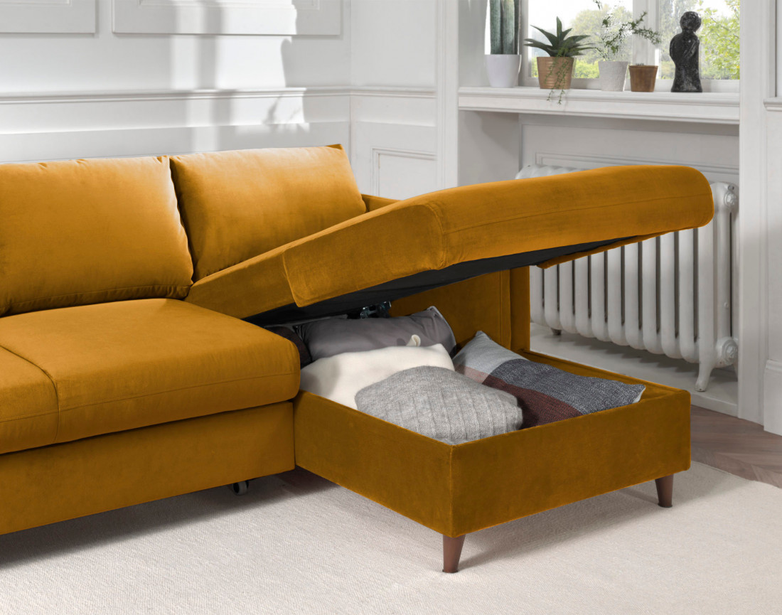 Canapé d'angle droit convertible avec coffre 4 places en velours Brooke