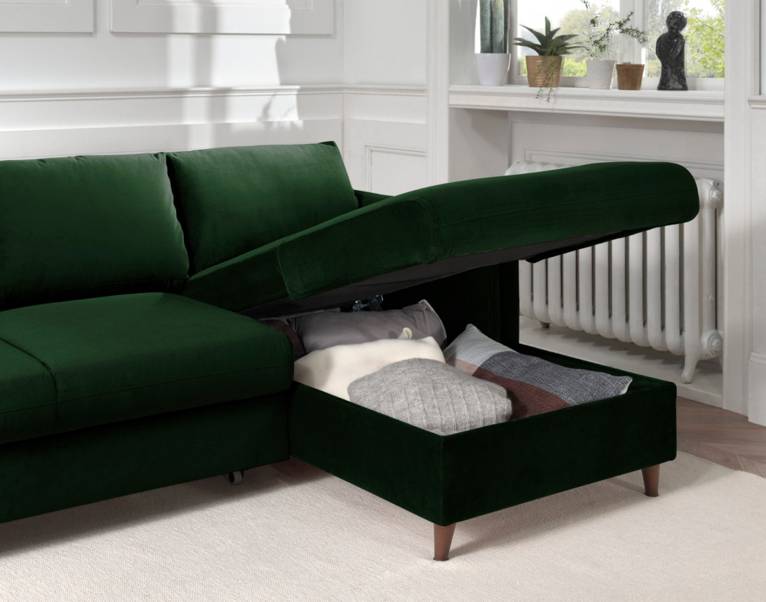 Canapé d'angle droit convertible avec coffre 4 places en velours Brooke