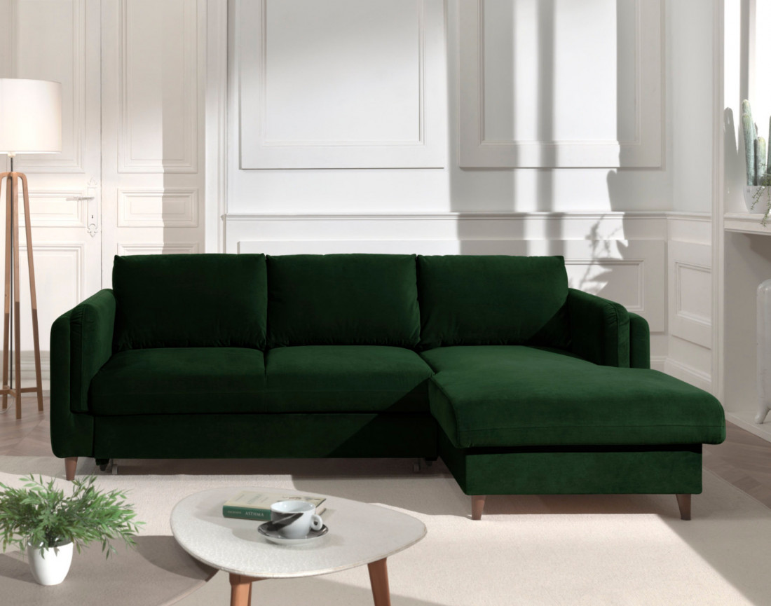 Canapé d'angle droit convertible avec coffre 4 places en velours Brooke