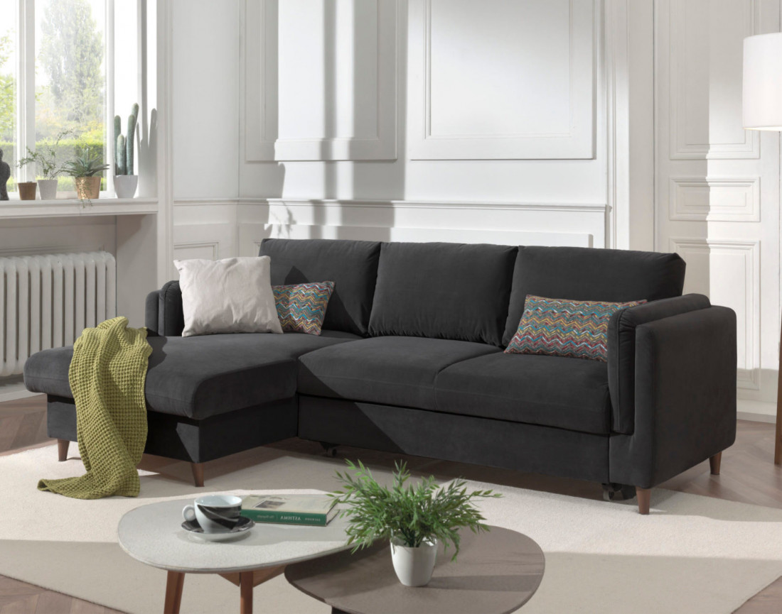 Canapé d'angle gauche convertible avec coffre 4 places en velours Brooke