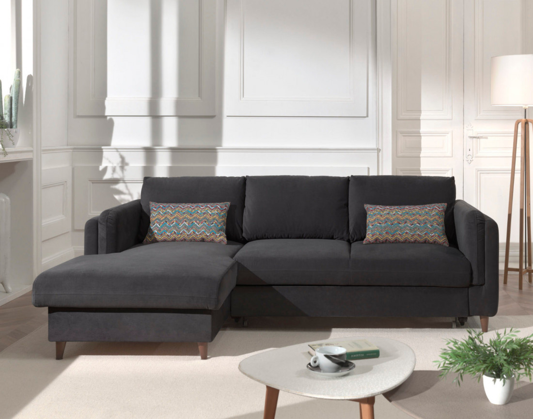 Canapé d'angle gauche convertible avec coffre 4 places en velours Brooke