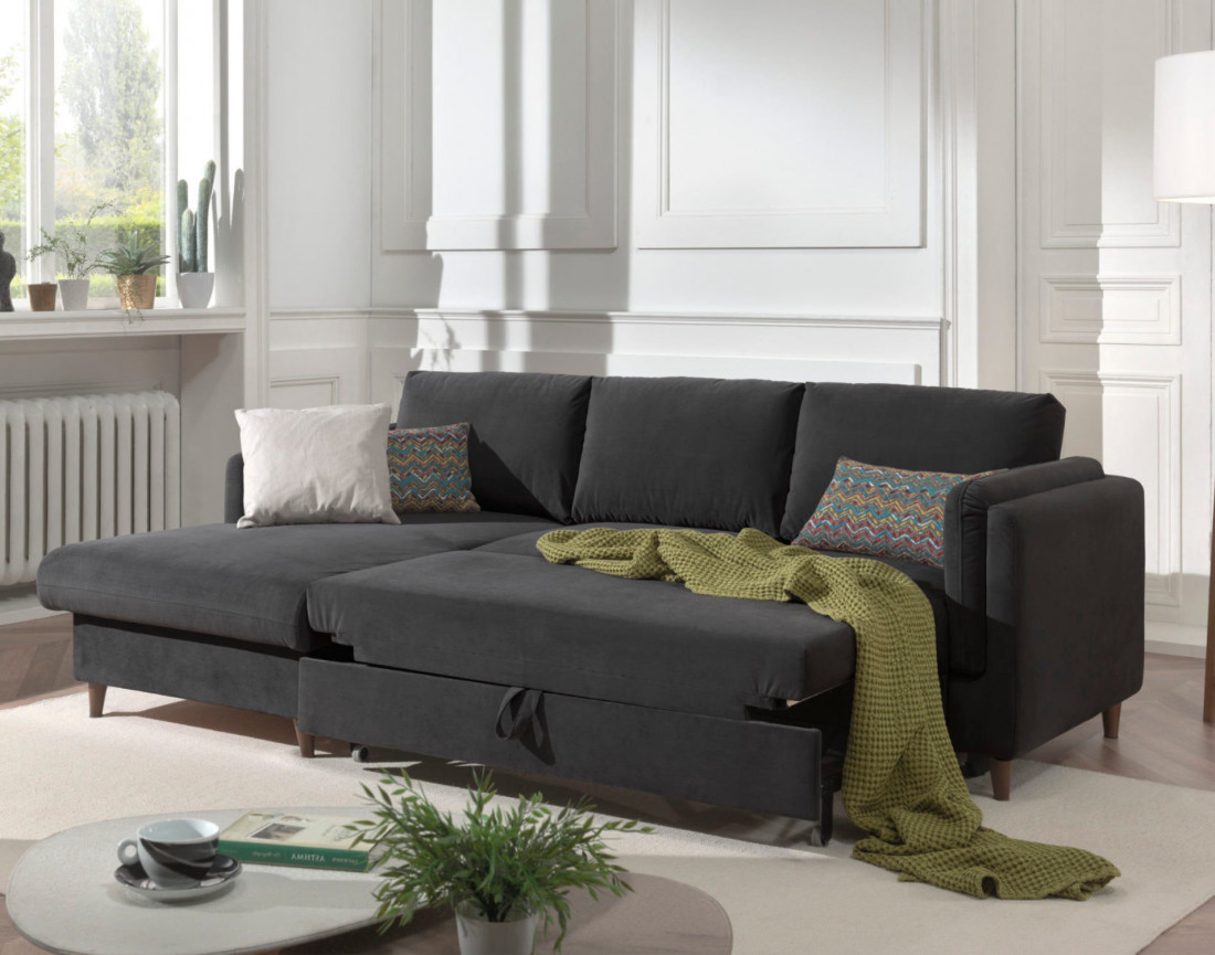 Canapé d'angle gauche convertible avec coffre 4 places en velours Brooke