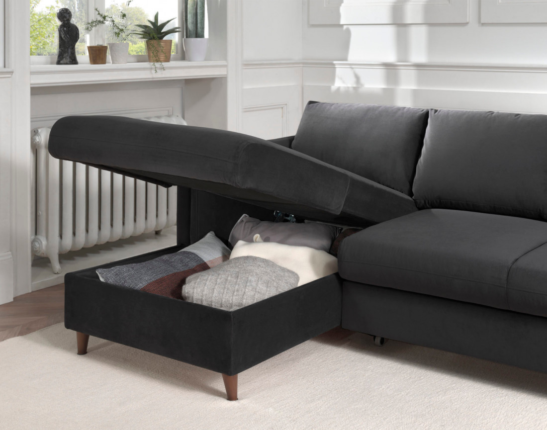 Canapé d'angle gauche convertible avec coffre 4 places en velours Brooke