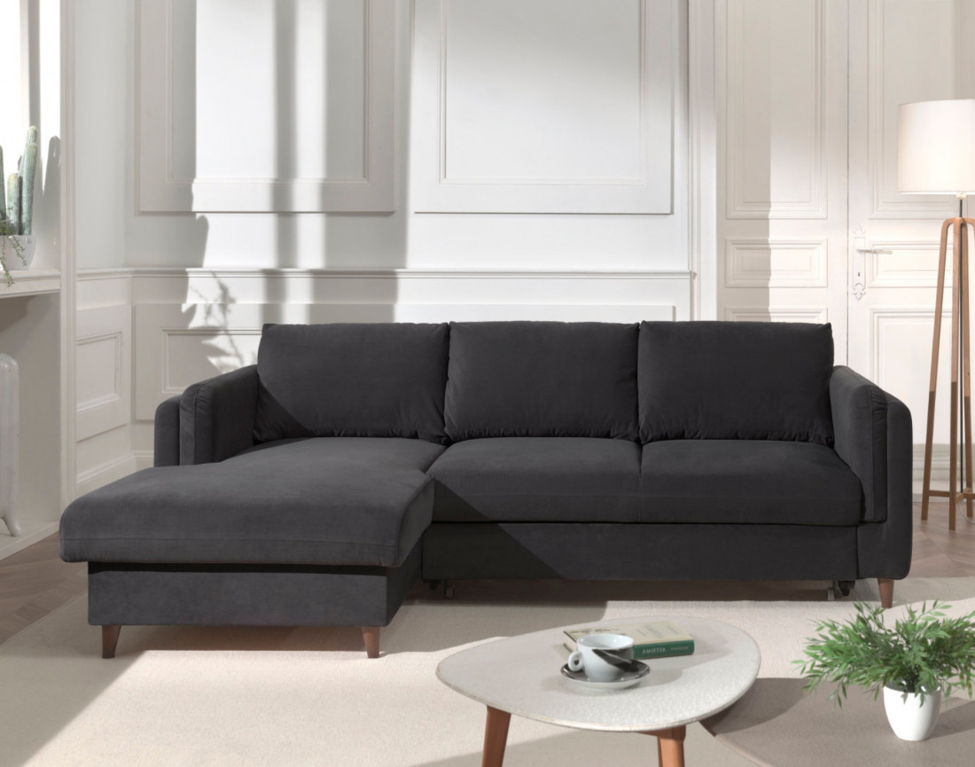 Canapé d'angle gauche convertible avec coffre 4 places en velours Brooke