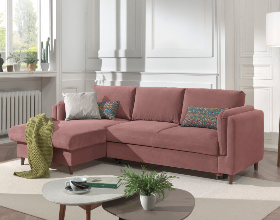 Canapé d'angle gauche convertible avec coffre 4 places en velours Brooke