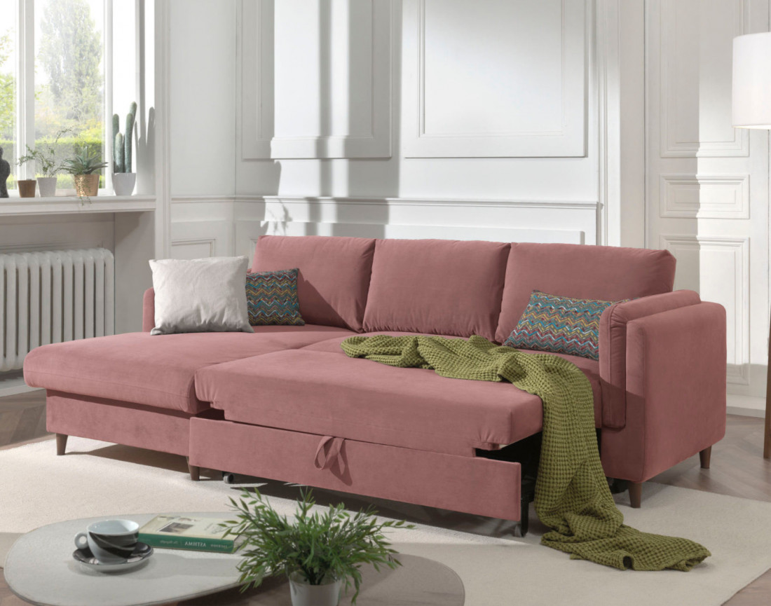 Canapé d'angle gauche convertible avec coffre 4 places en velours Brooke