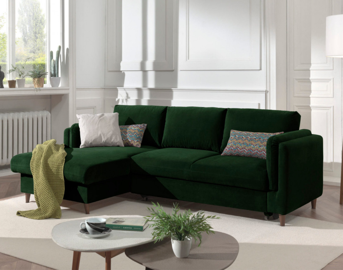 Canapé d'angle gauche convertible avec coffre 4 places en velours Brooke