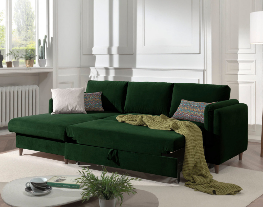 Canapé d'angle gauche convertible avec coffre 4 places en velours Brooke