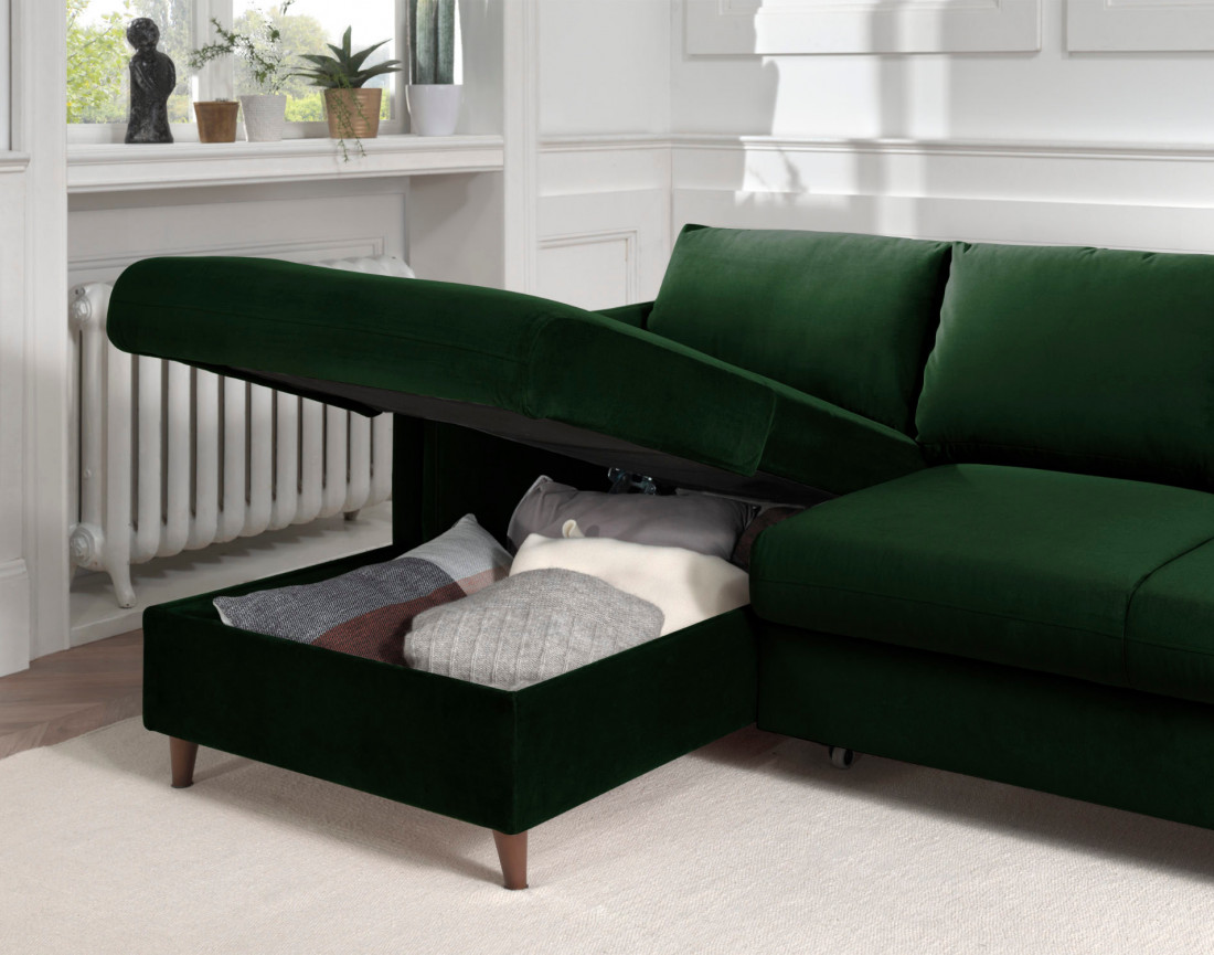 Canapé d'angle gauche convertible avec coffre 4 places en velours Brooke