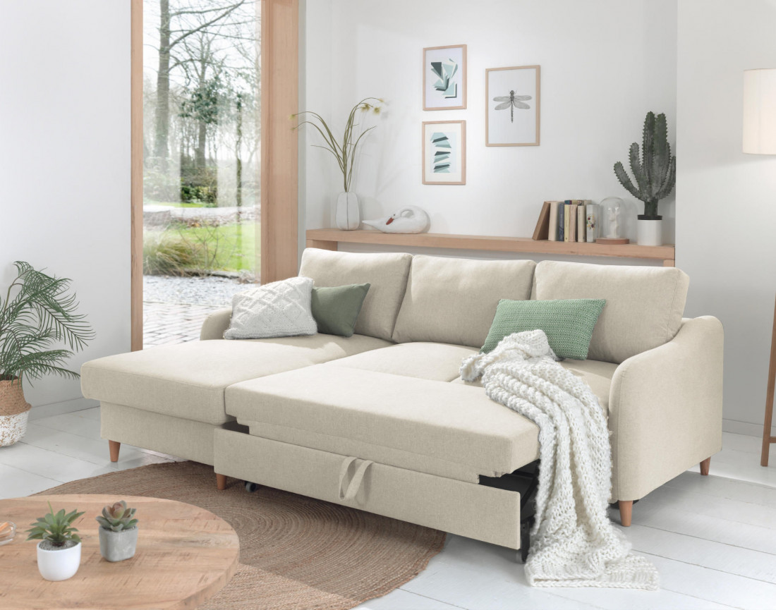 Canapé d'angle gauche convertible avec coffre 4 places en tissu Will