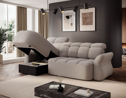 Canapé d'angle gauche 4 places convertible électrique avec coffre et têtières réglables en tissu bouclette Brume