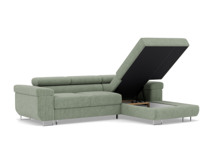 Canapé d'angle droit 6 places convertible avec coffre et têtières réglables en velours côtelé Pablo