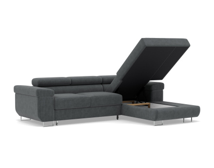Canapé d'angle droit 6 places convertible avec coffre et têtières réglables en velours côtelé Pablo