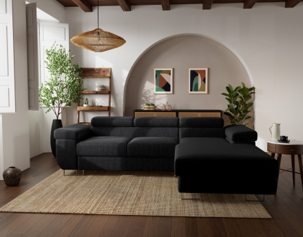 Canapé d'angle droit 6 places convertible avec coffre et têtières réglables en velours côtelé Pablo