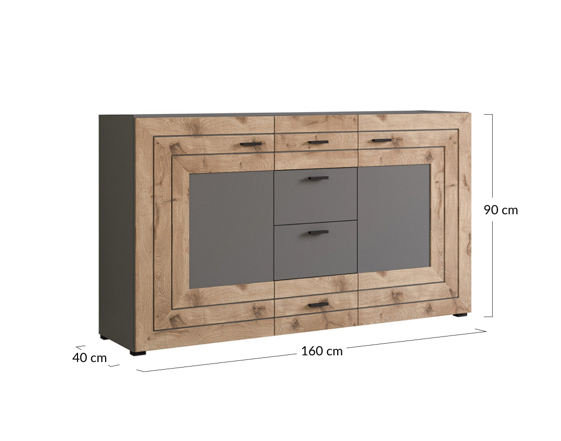 Buffet bas gris et bois 4 tiroirs et 2 portes 160 cm Wexford