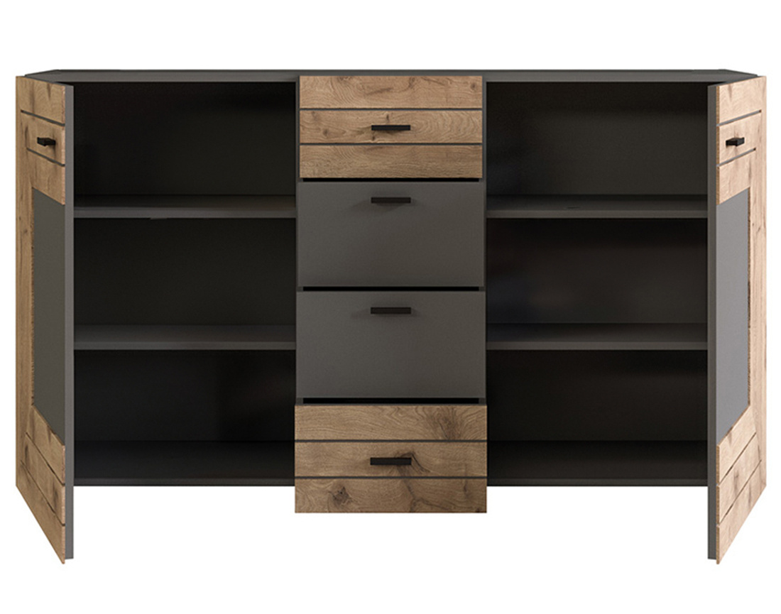 Buffet bas gris et bois 4 tiroirs et 2 portes 160 cm Wexford