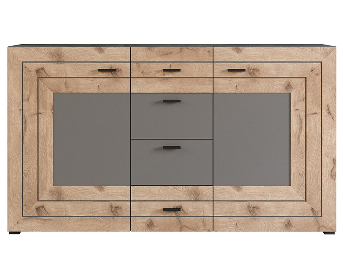Buffet bas gris et bois 4 tiroirs et 2 portes 160 cm Wexford