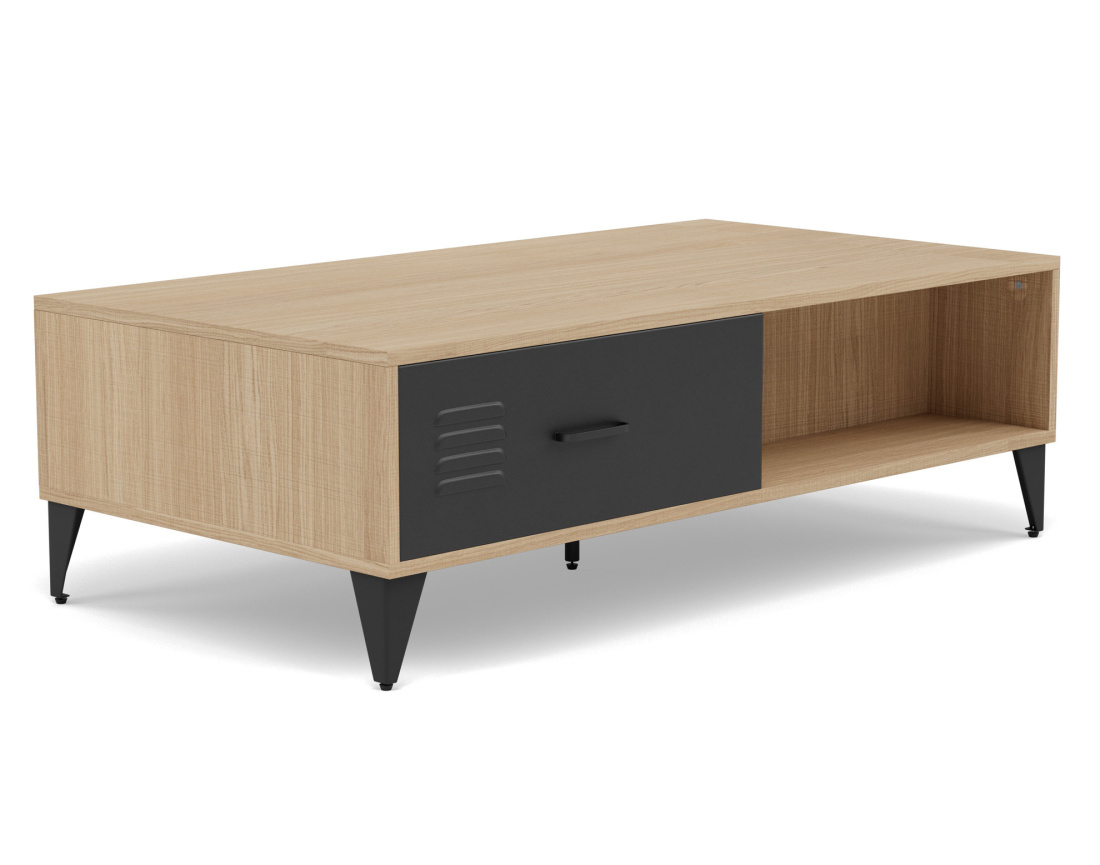 Table basse bois et métal noir 1 tiroir et 1 niche 110 cm Tribeca