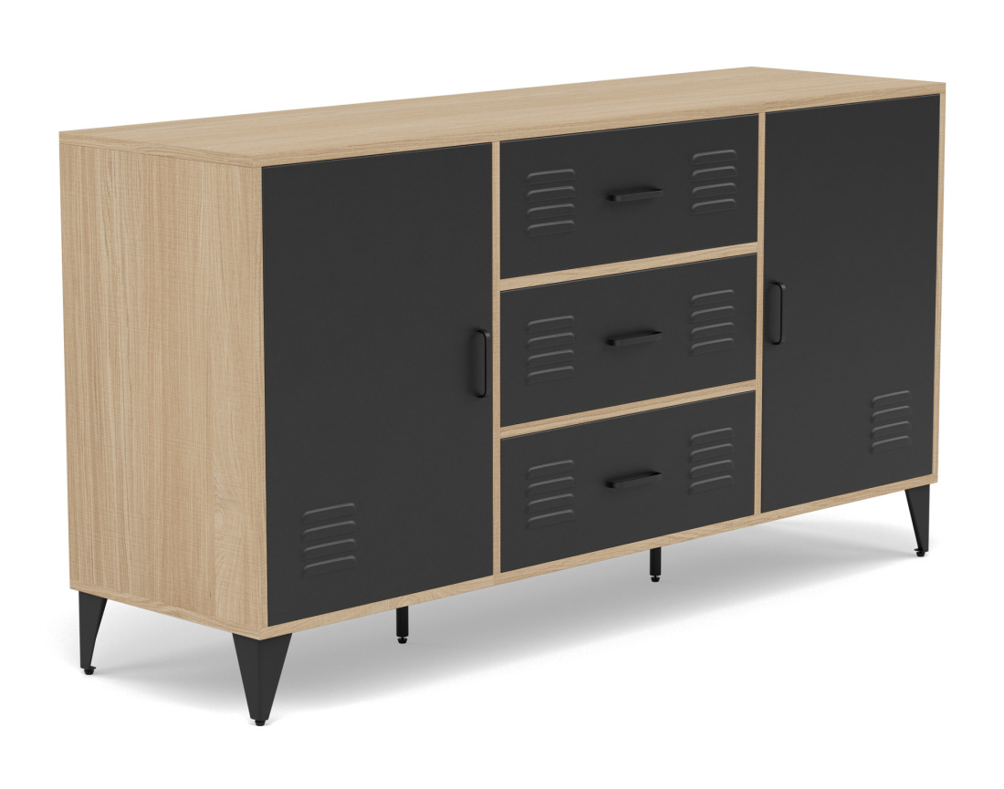 Buffet bas bois et métal noir 3 tiroirs et 2 portes 140 cm Tribeca