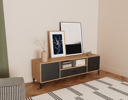 Meuble tv bois et métal noir 2 portes et 1 tiroir 160 cm Tribeca