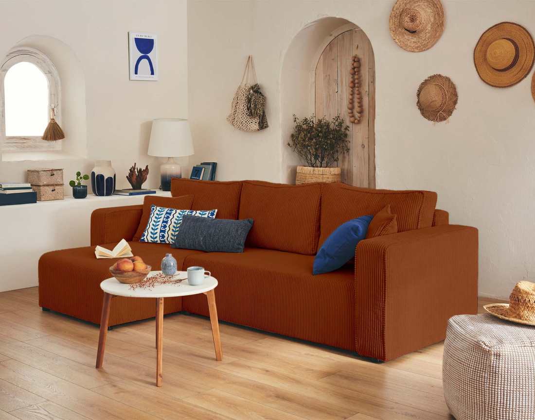 Canapé droit 2 places convertible en velours côtelé Ernest