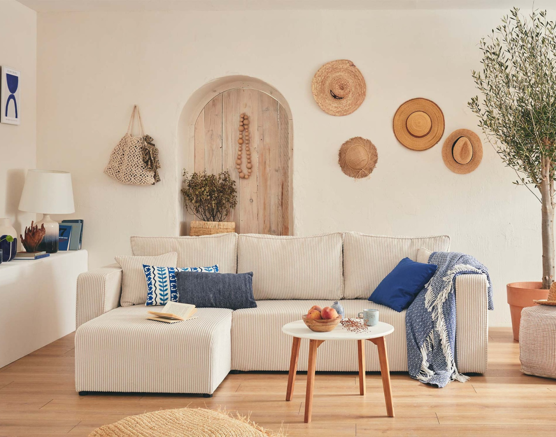 Canapé droit 2 places convertible en velours côtelé Ernest