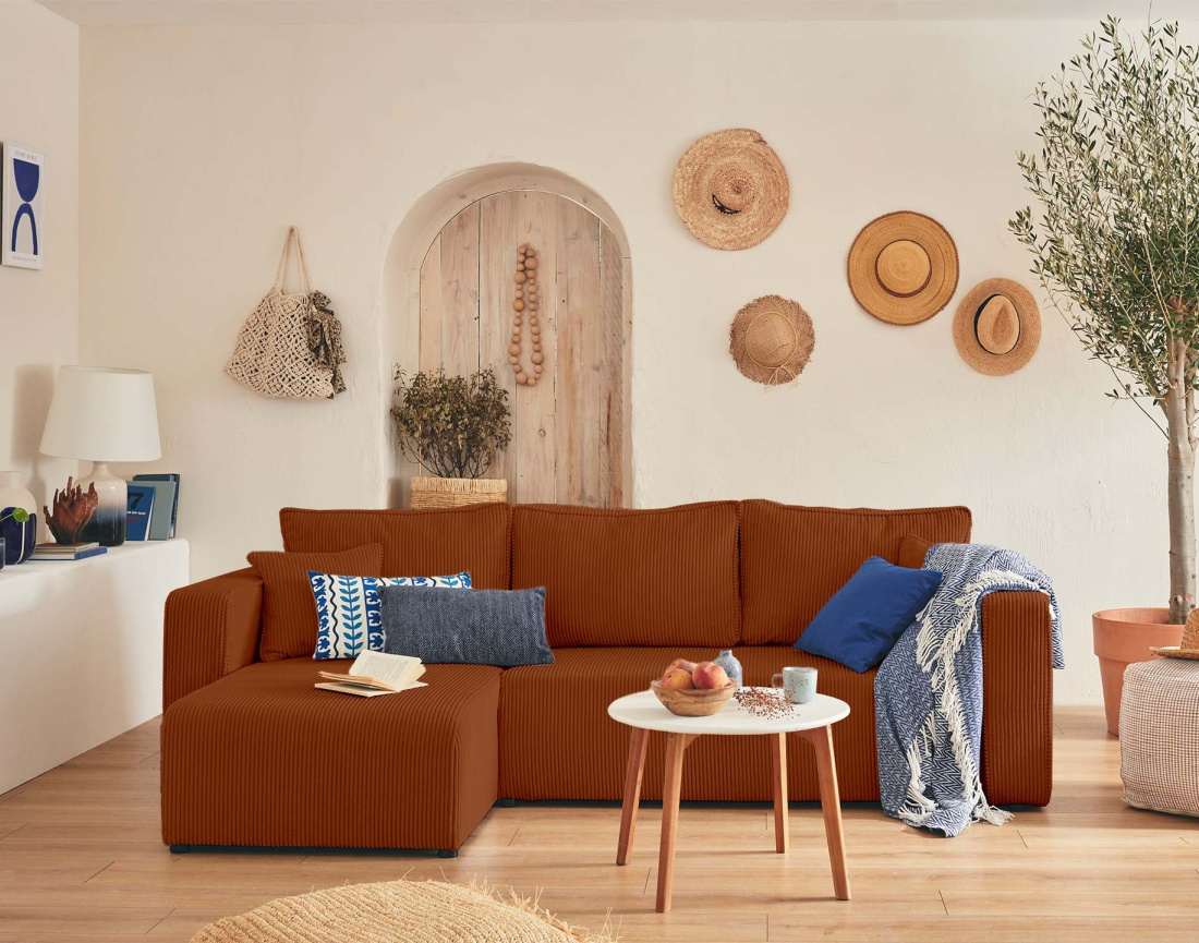 Canapé droit 2 places convertible en velours côtelé Ernest