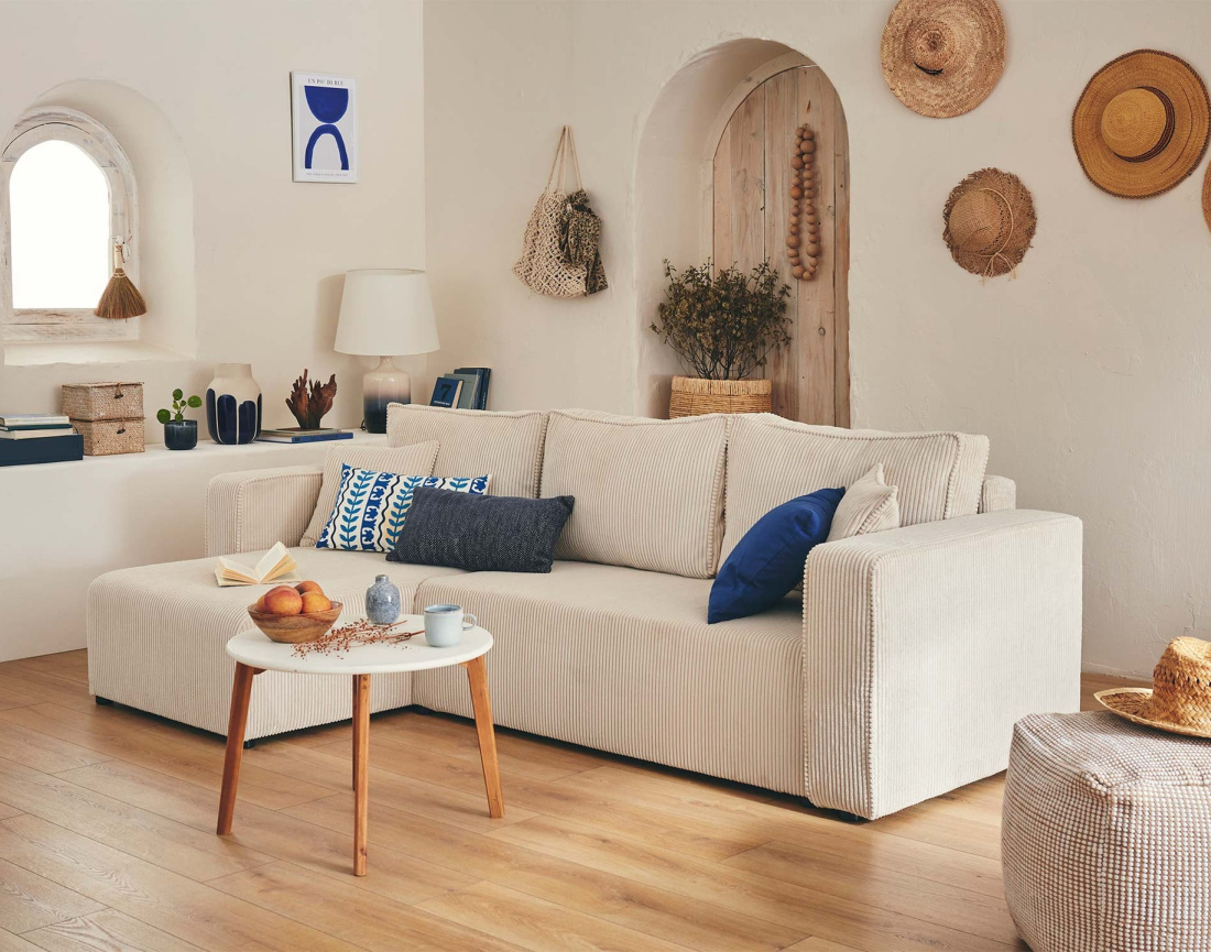 Canapé droit 2 places convertible en velours côtelé Ernest