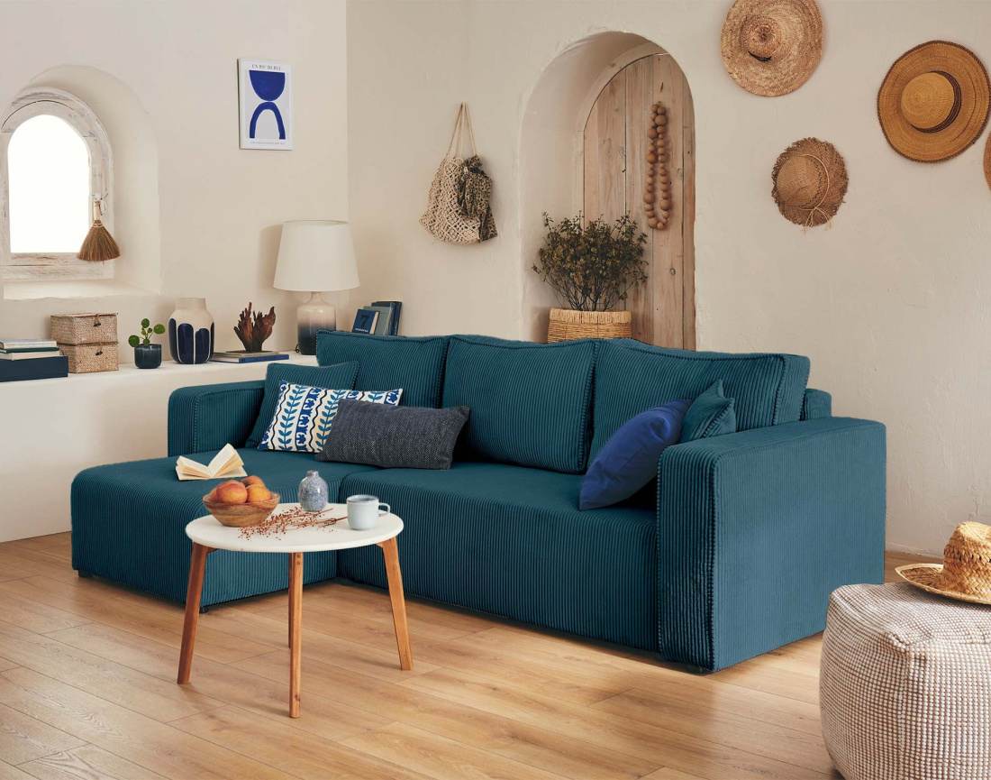 Canapé droit 2 places convertible en velours côtelé Ernest